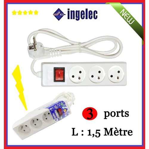 BLOC 3PRIS 2P+T A/INT LUM BL 1,5M 1713/1 INGELEC