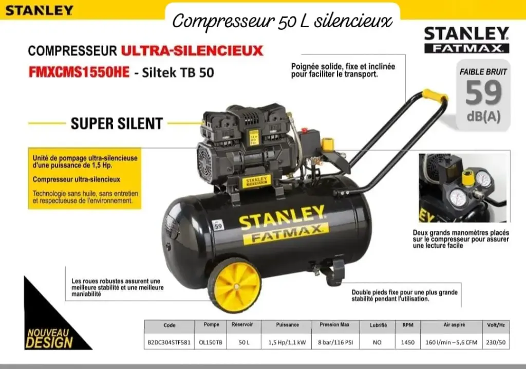 COMPRESEUR SILENCIEUX 50L STANLEY 